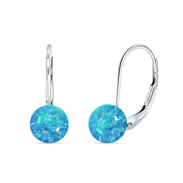 Round Lab Created Blue Opal Leverback Earrings 925 Sterling Silver Wholesale